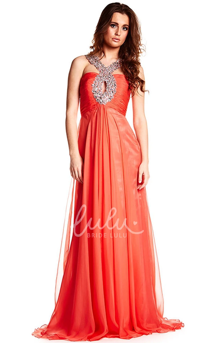 Beaded Strapped Chiffon Prom Dress Sleeveless Ruching