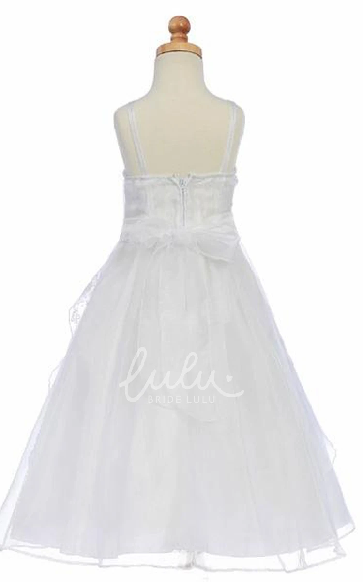 Ankle-Length Floral Organza Flower Girl Dress with Spaghetti Straps Unique Bridesmaid Dress