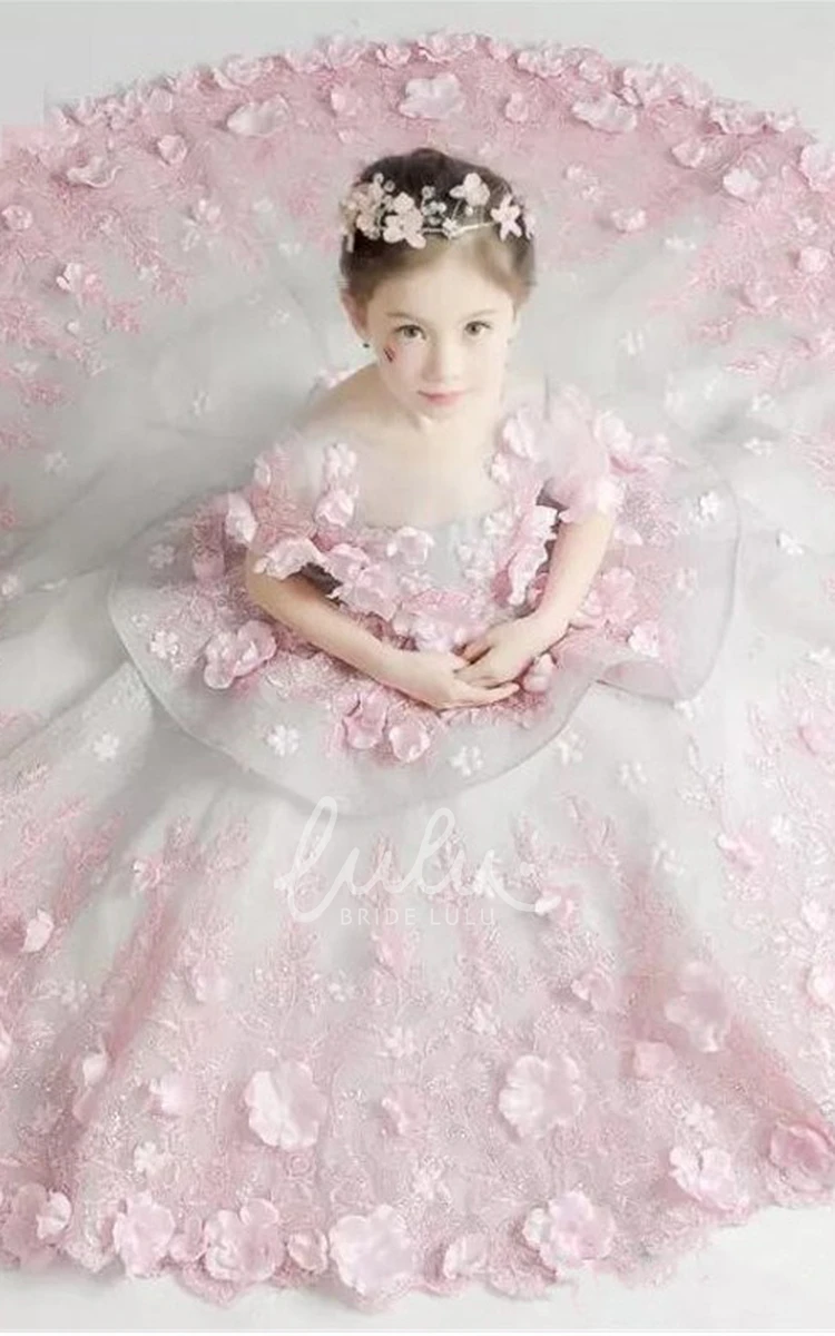 Floral Organza Flower Girl Dress with Scoop Neck and Lace Applique