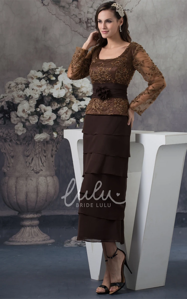 Square-Neck Long-Sleeve Tiered Formal Dress with Appliques