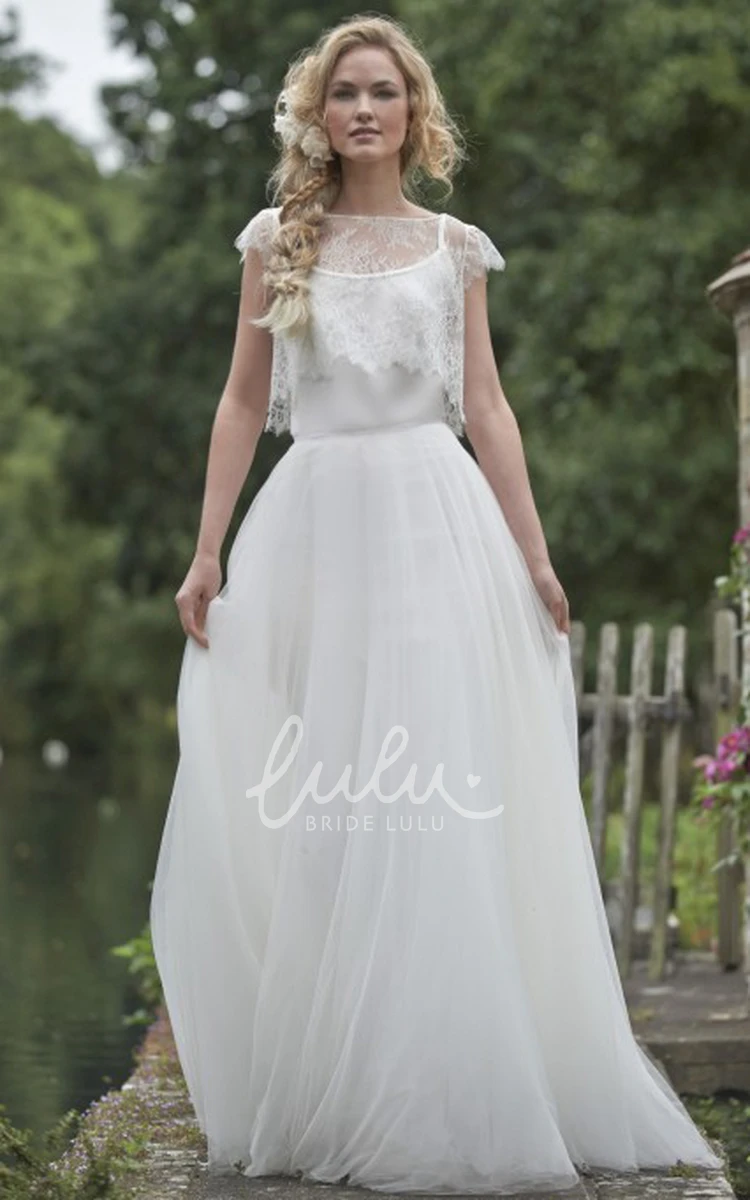 Illusion Lace Tulle Wedding Dress with Cap-Sleeves and Jewel Neckline