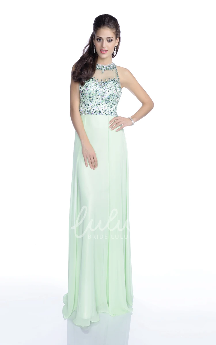 Sleeveless A-Line Prom Dress with Crystal Bodice & Keyhole Back Chiffon