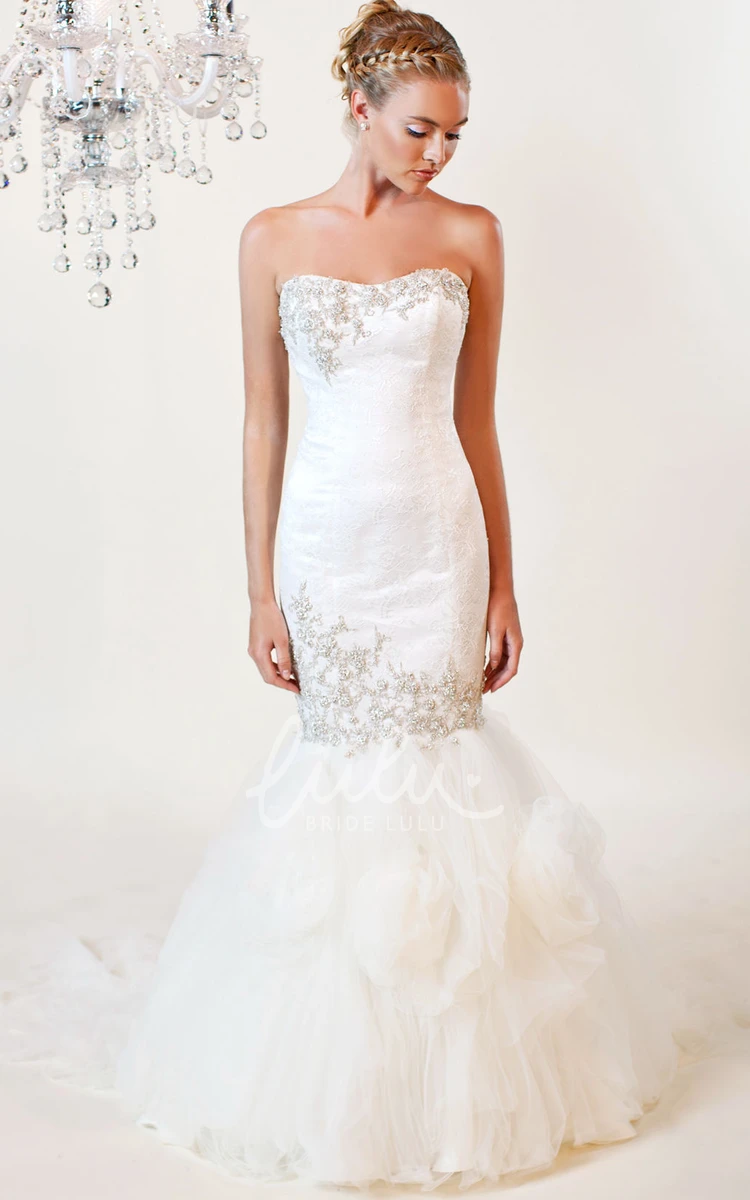 Beaded Strapless Trumpet Tulle Wedding Dress with Lace Modern Bridal Gown