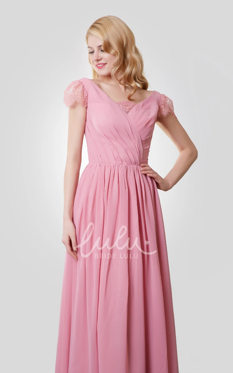 Cap Sleeve V-Neck Chiffon Dress Unique Bridesmaid Dress