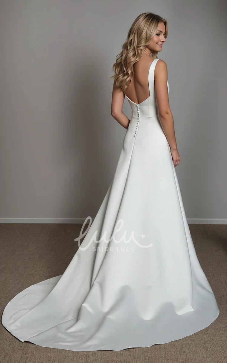 Simple Minimalist A-Line Square Neck Satin Wedding Dress Minimalist Solid Casual Sleeveless Backless Boned Bodice Court Train Bridal Gown