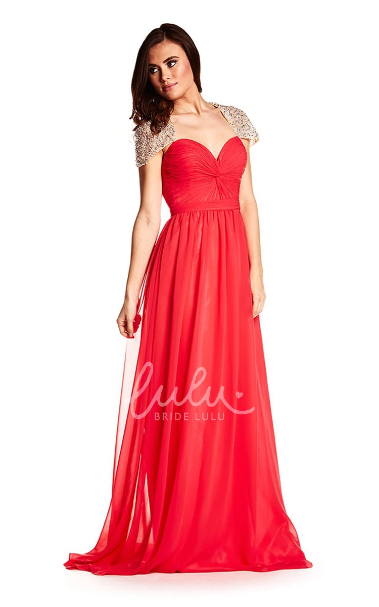 Maxi A-Line Chiffon Prom Dress with Beading Cap-Sleeve Sweetheart Keyhole Back