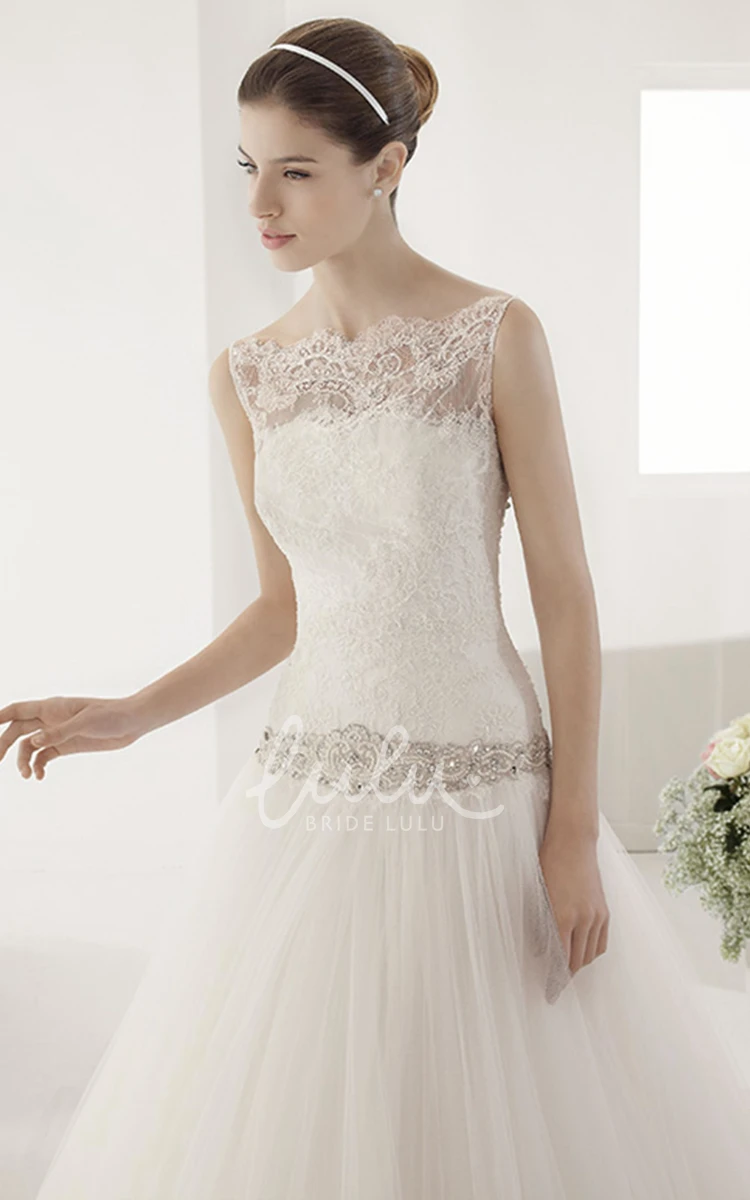 Lace Top Tulle Ball Gown with Crystal Waist Drop