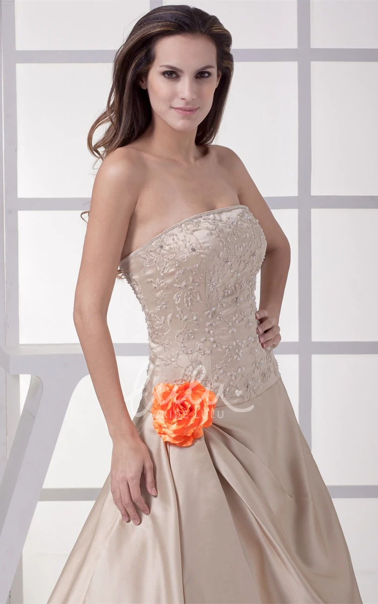 Strapless A-Line Satin Evening Gown with Beading Formal Dress