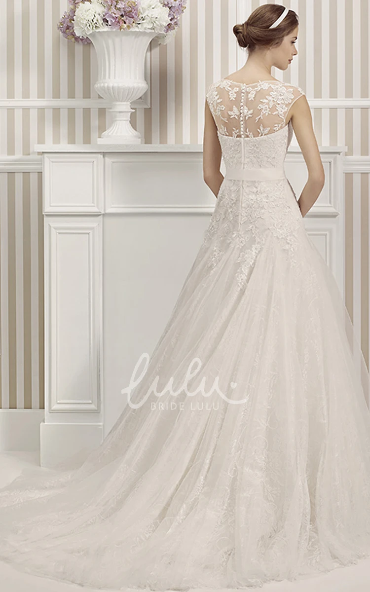 Appliqued Sleeveless A-Line Wedding Dress with Scoop Neck and Illusion Back