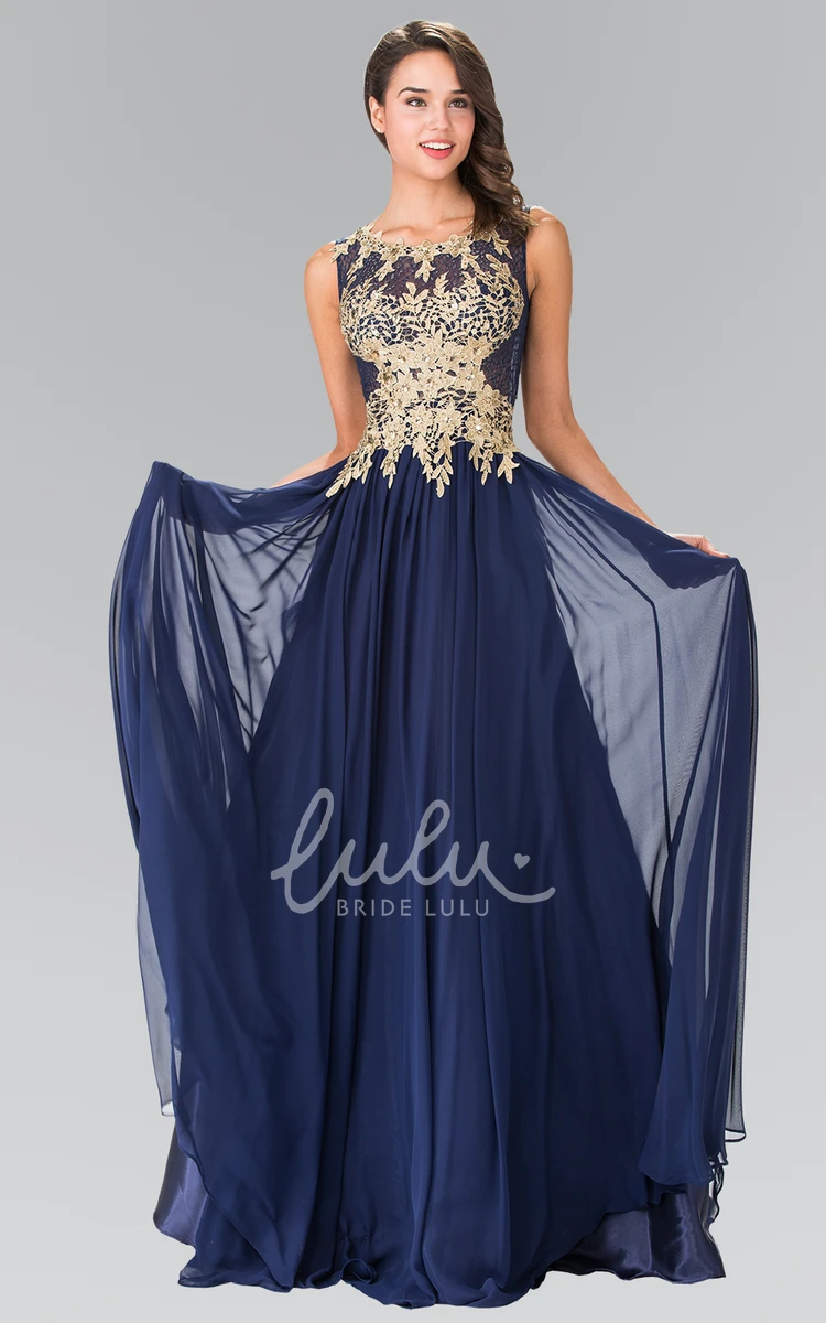 Chiffon A-Line Maxi Dress with Illusion Neckline Appliques and Pleats