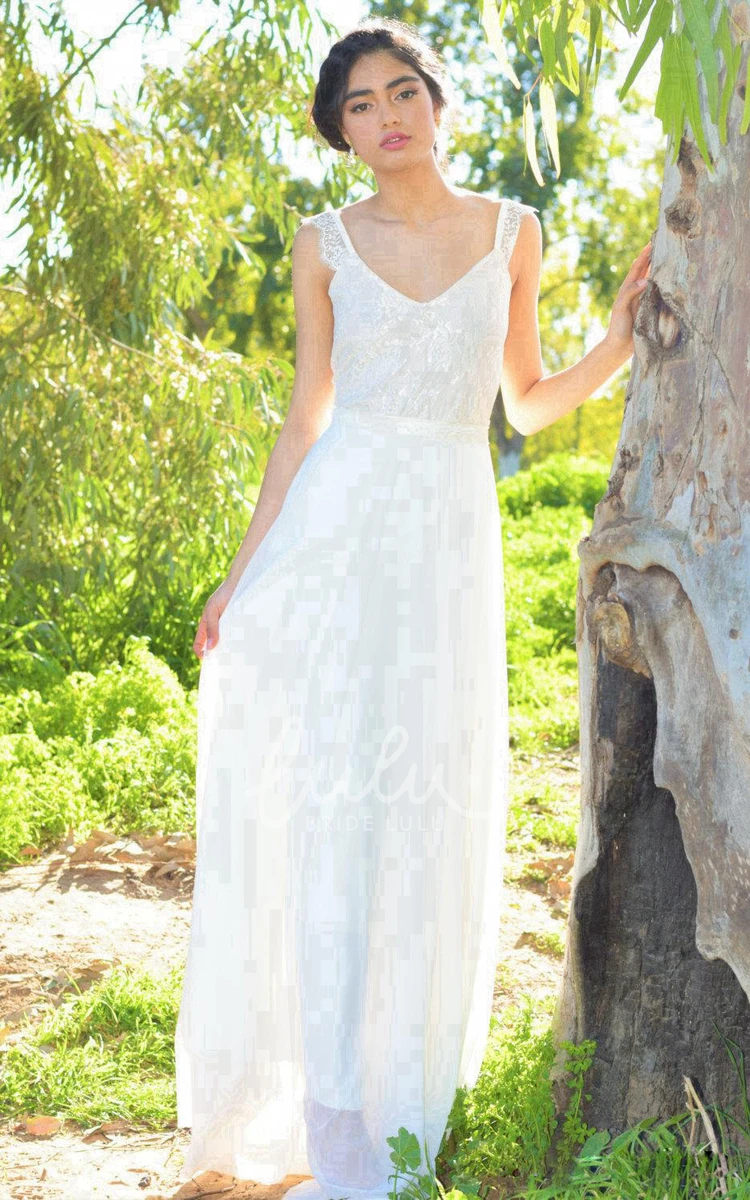 Sleeveless Chiffon A-Line Wedding Dress with V-Neck and Lace Bodice