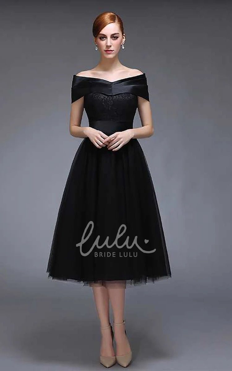 Knee-Length Tulle A-Line Dress with V-Neck and Off-the-Shoulder Sleeves