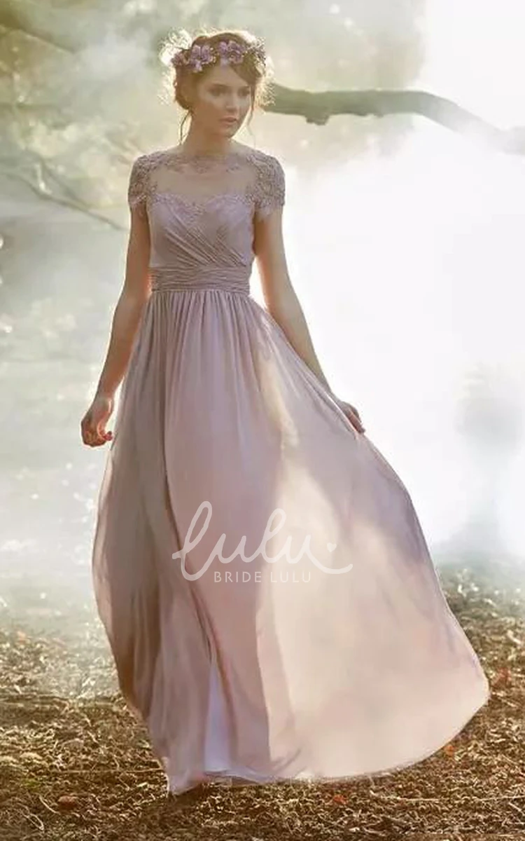 A-line Chiffon Bridesmaid Dress with Appliques and Ruching Jewel Style Short Sleeve