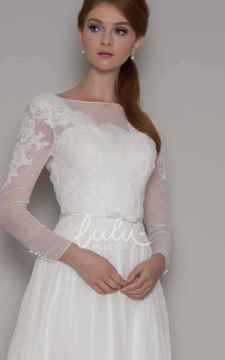Sheath Chiffon Wedding Dress Long-Sleeve Bateau-Neck Illusion