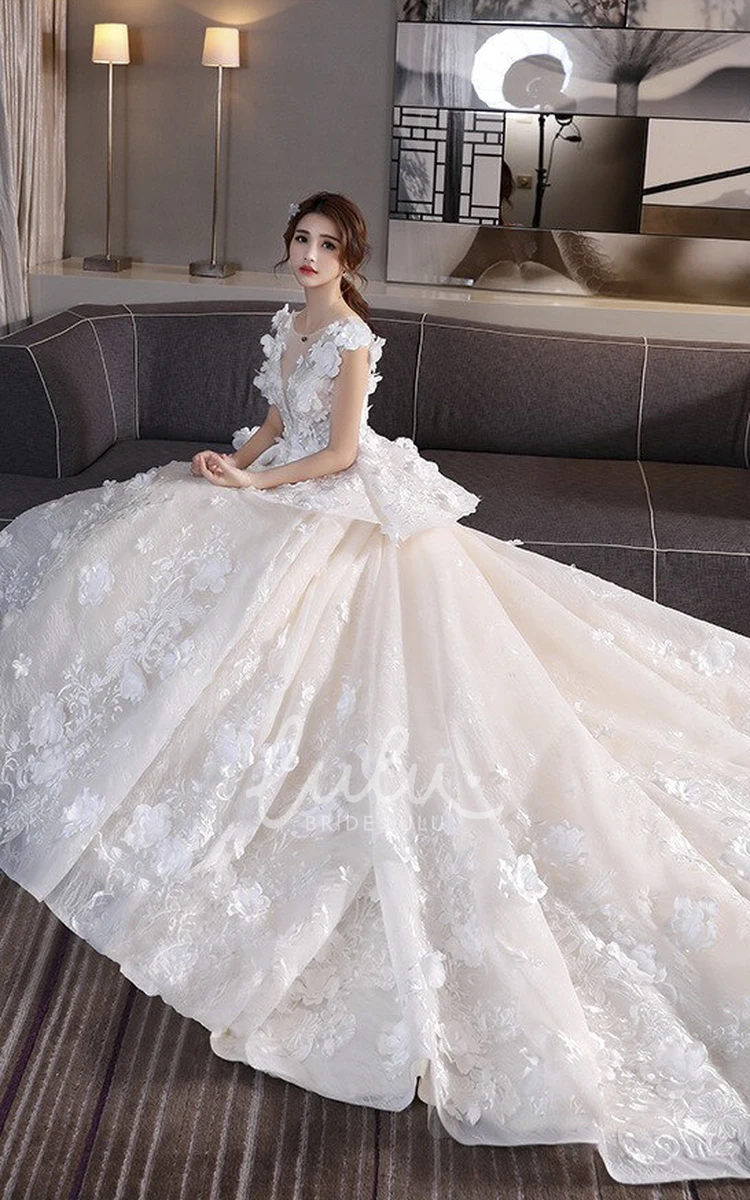 Princess Cap Sleeve Lace Wedding Dress with 3D Floral Appliques and Peplum Skirt