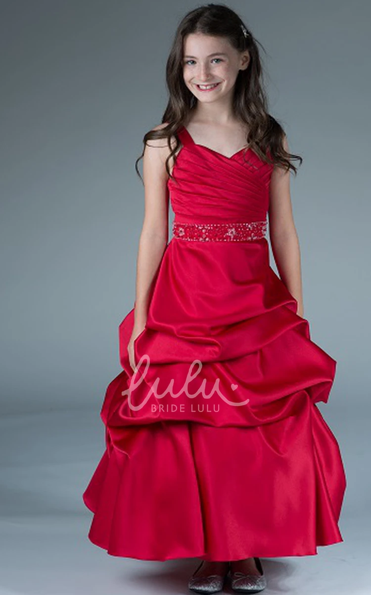 V Neck Ruffled Taffeta Flower Girl Ball Gown with Beaded Waist Classy and Unique