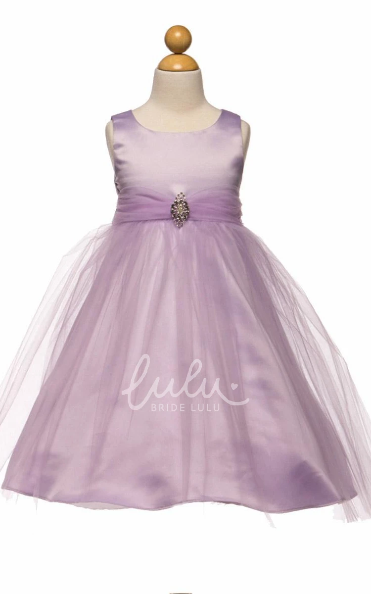 Beaded Tulle & Satin Tea-Length Flower Girl Dress with Broach Unique Wedding Dress