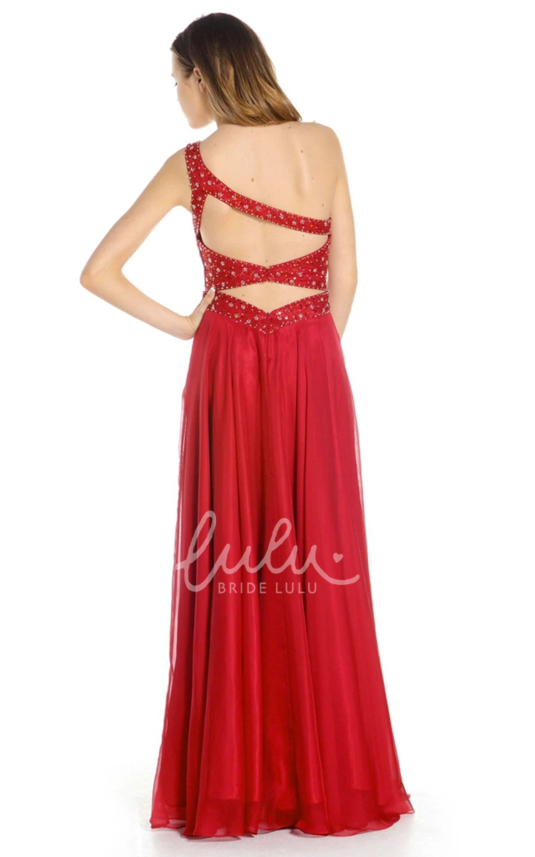 Chiffon One-Shoulder Ruched Sleeveless Prom Dress with Beading Classy Prom Dress