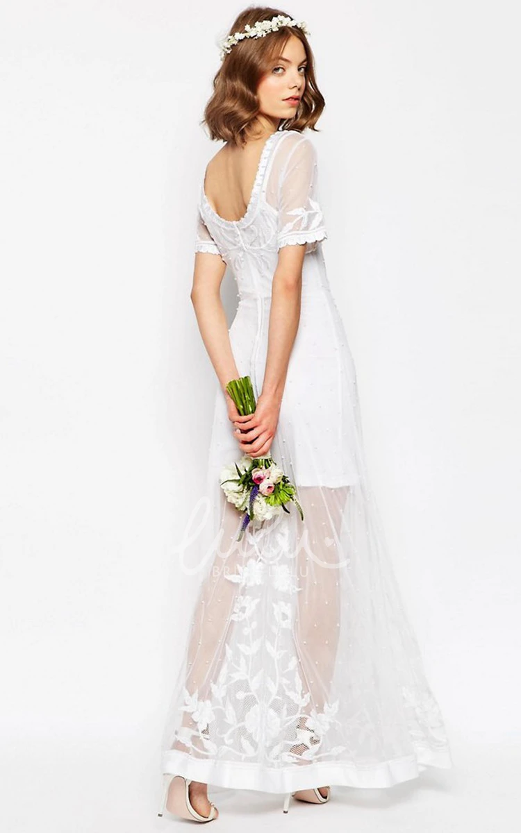 Short-Sleeve Sheath Tulle Wedding Dress Embroidered V-Back Bridal Gown