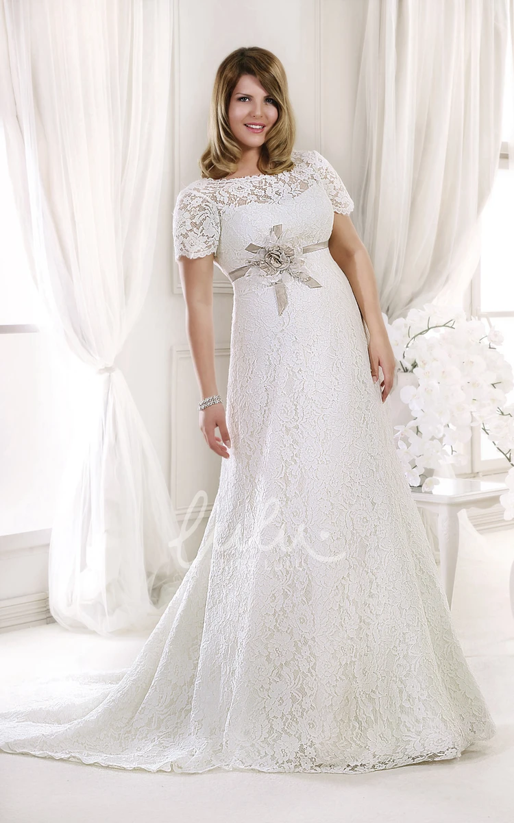 Short-Sleeve Lace Sheath Wedding Dress with Flower and Brush Train