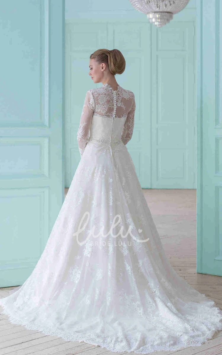 Long-Sleeve V-Neck Lace Wedding Dress with Court Train Modern and Chic