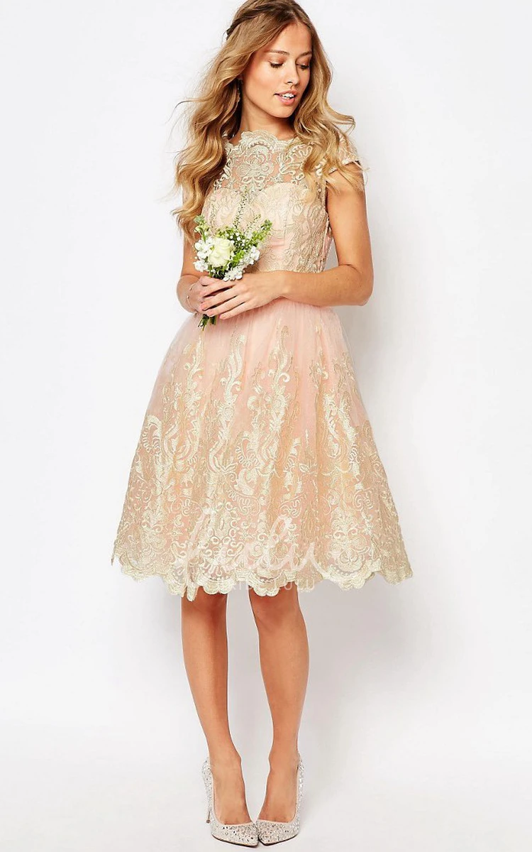 Midi Cap-Sleeve Lace Bridesmaid Dress with Appliques in A-Line Style