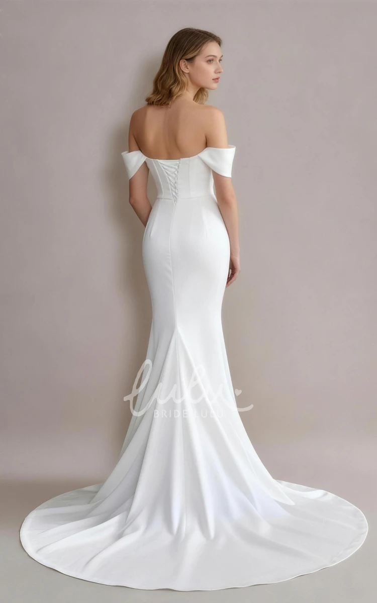 Satin Summer Wedding Dress Beach Off Shoulder Mermaid Corset Bridal Gown Draped Neckline Low Back Court Train