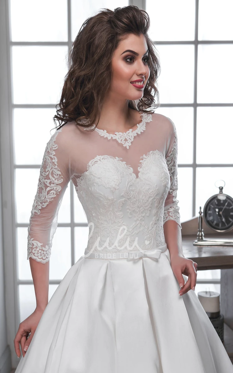 Satin Illusion Wedding Dress with 3/4 Sleeves and Appliques