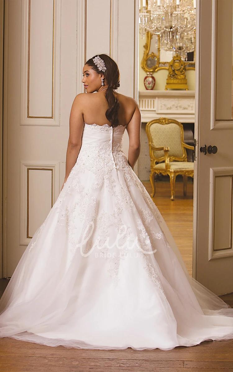 Applique Lace Strapless Brush Train A-Line Plus Size Wedding Dress