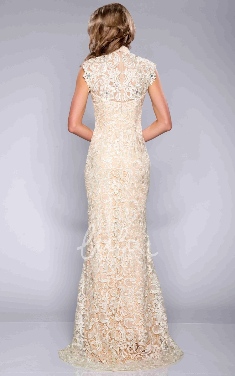 High Neck Cap Sleeve Lace Prom Dress with Crystal Detailing Column & Classy
