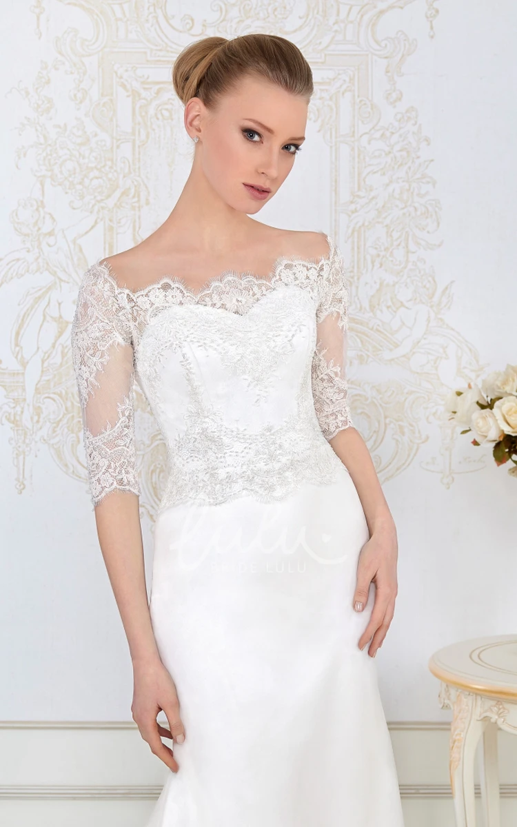 Half-Sleeve Lace and Satin Sheath Wedding Dress Floor-Length and Bateau-Neck