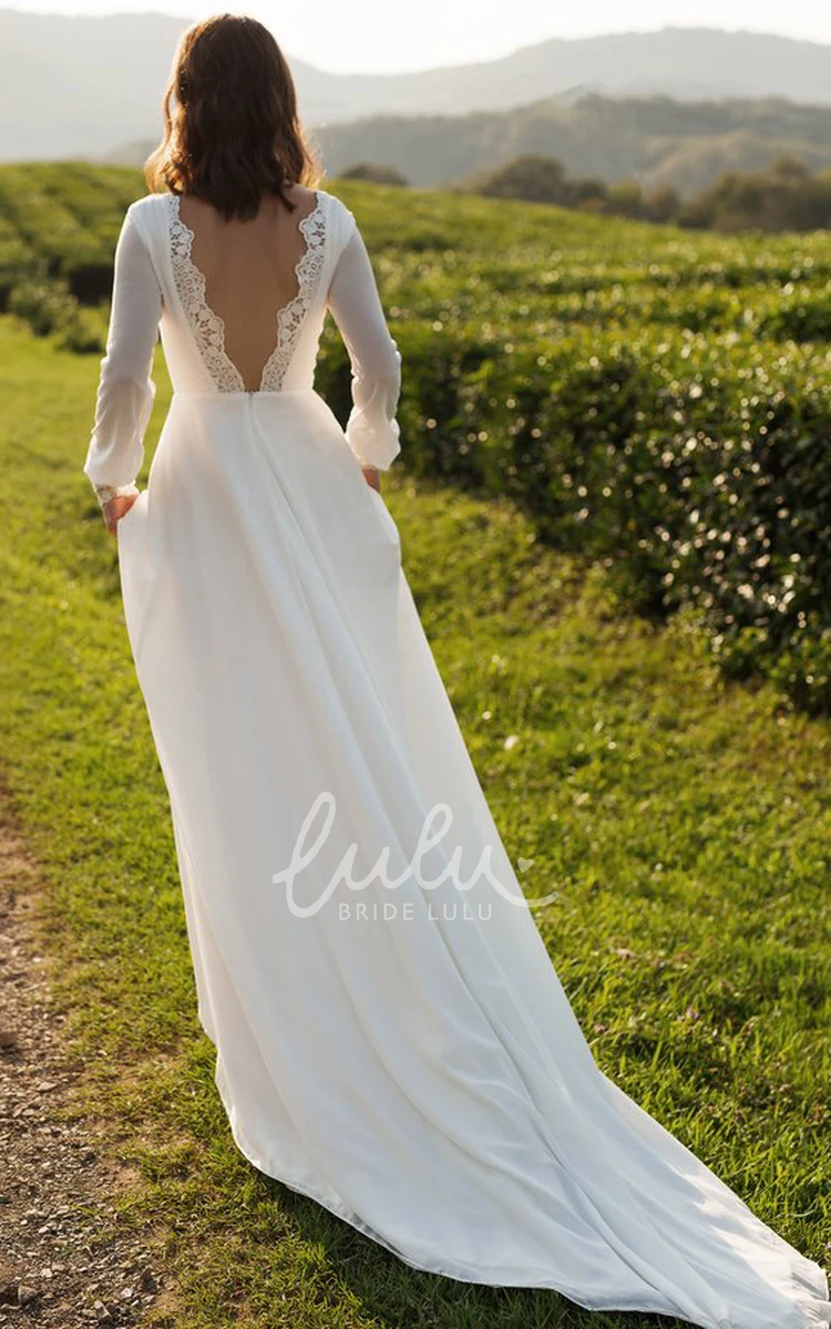 Chiffon A-Line Long Sleeve Lace Wedding Dress with Low-V Back Flowy and Classy
