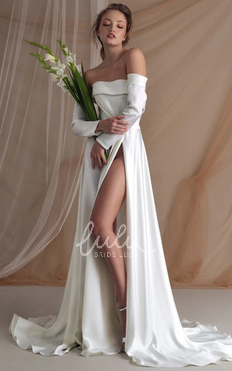 Sexy Satin A Line Wedding Dress with Ruching and Long Sleeves Modern Bridal Gown