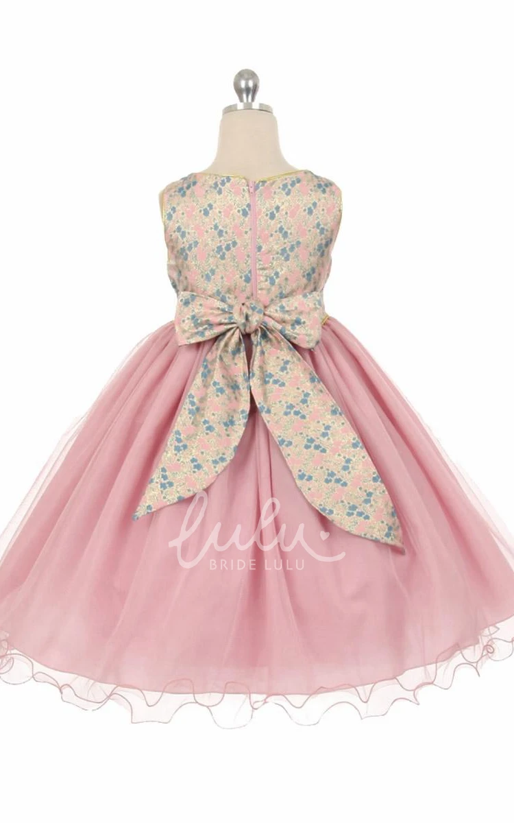 Flower Girl Dress with Beaded Tulle Floral Design Tea-Length Sash and Brooch Classy Look