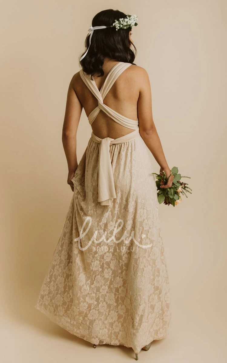 A-Line Jersey Lace Bridesmaid Dress with Convertible Straps and Open Back