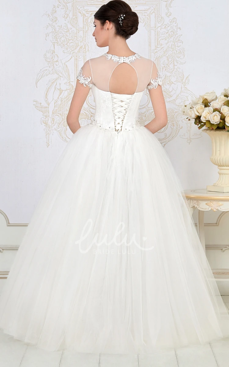 Embroidered Tulle A-Line Wedding Dress High-Neck Short-Sleeve Pleats