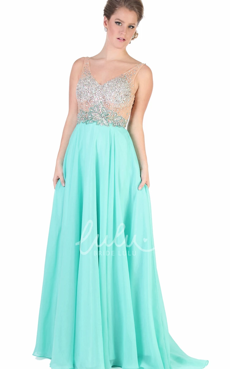 A-Line Beaded Sleeveless Chiffon Evening Dress with V-Neck Long