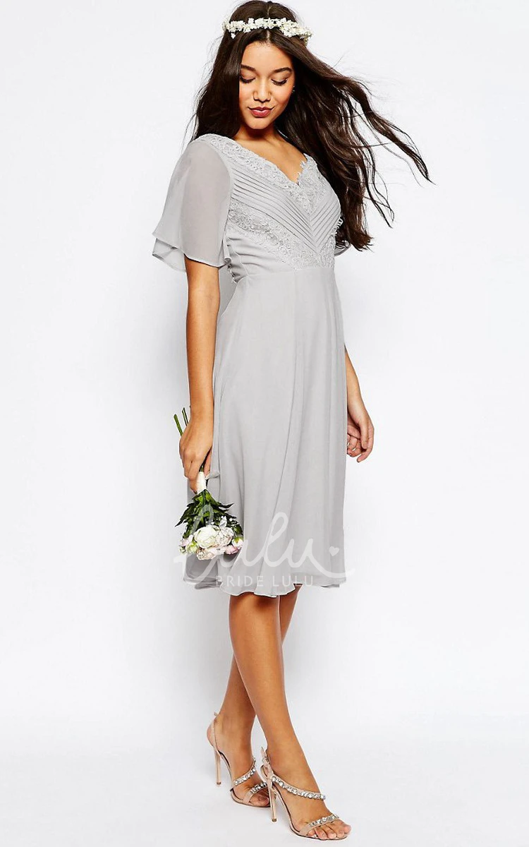 Lace Poet Sleeve V-Neck Chiffon Bridesmaid Dress with Ruching Unique Prom Dress
