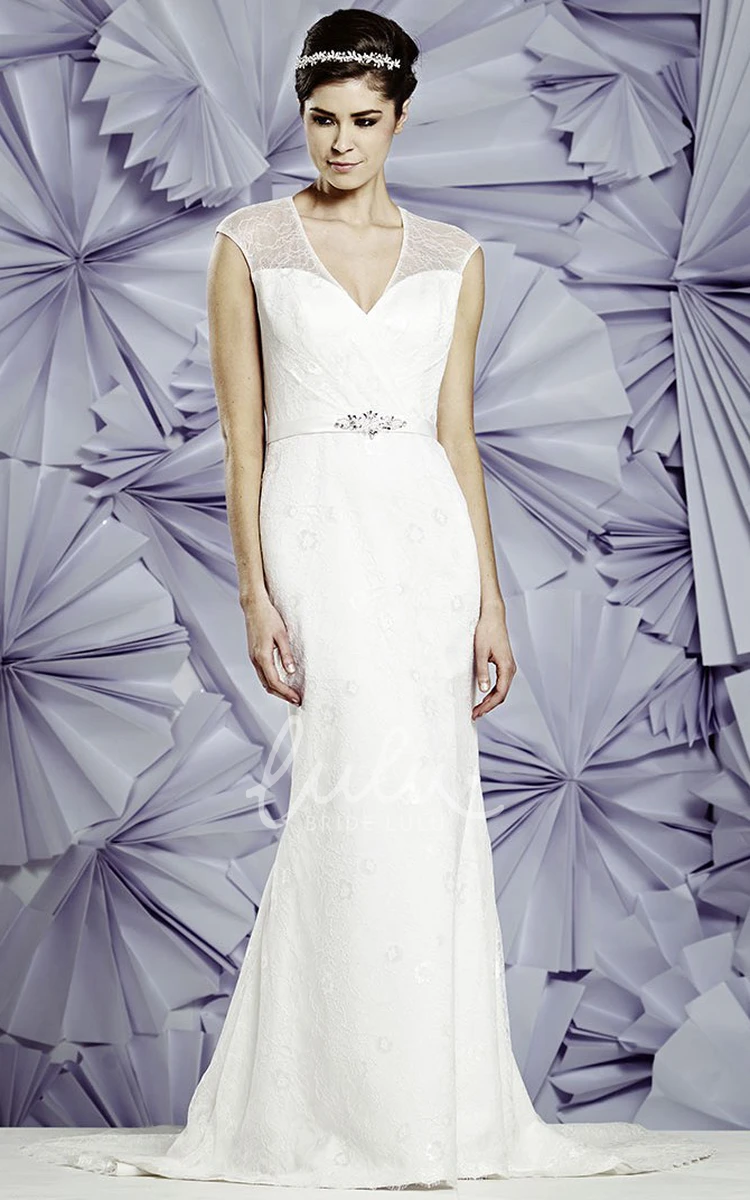 Lace V-Neck Wedding Dress Sleeveless Sheath Waist Jewellery Keyhole