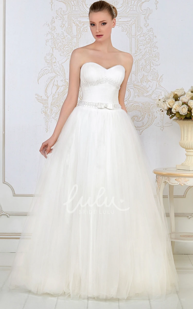 Sweetheart Tulle Wedding Dress Ruched Floor-Length Sleeveless with Beading and Bow