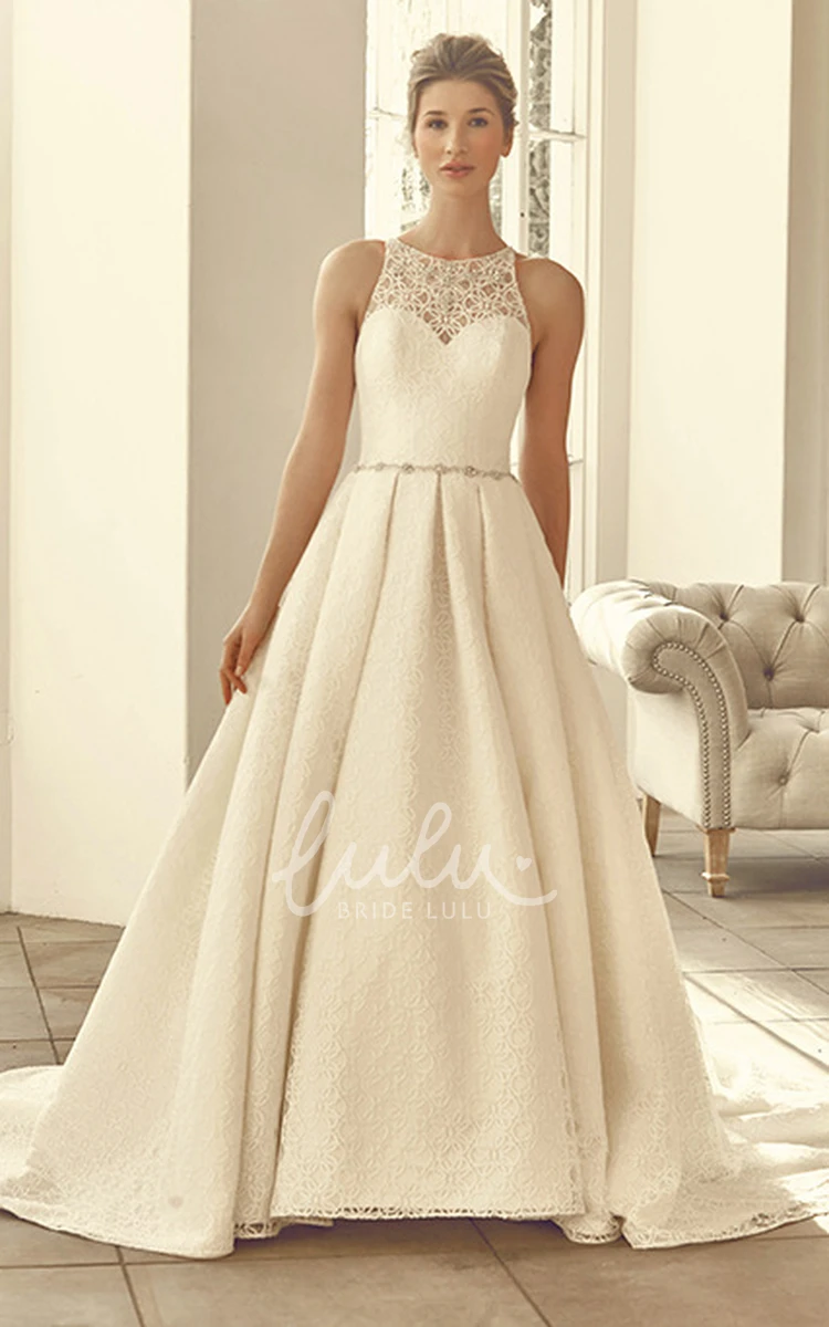 High Neck Lace Appliqued Wedding Dress with Court Train and Keyhole Flowy