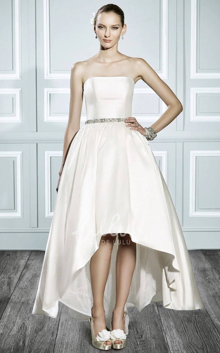 Jeweled Satin Wedding Dress with V Back High-Low Strapless