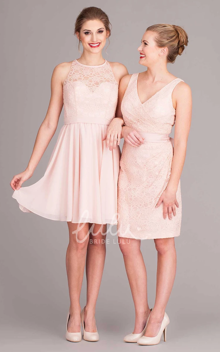 Mini Lace Chiffon Bridesmaid Dress with Sleeveless Scoop Neck