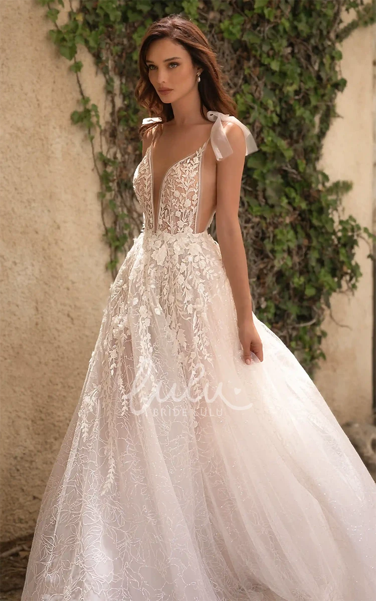 Bohemian Lace A-Line Wedding Dress with Plunging Neckline and Open Back