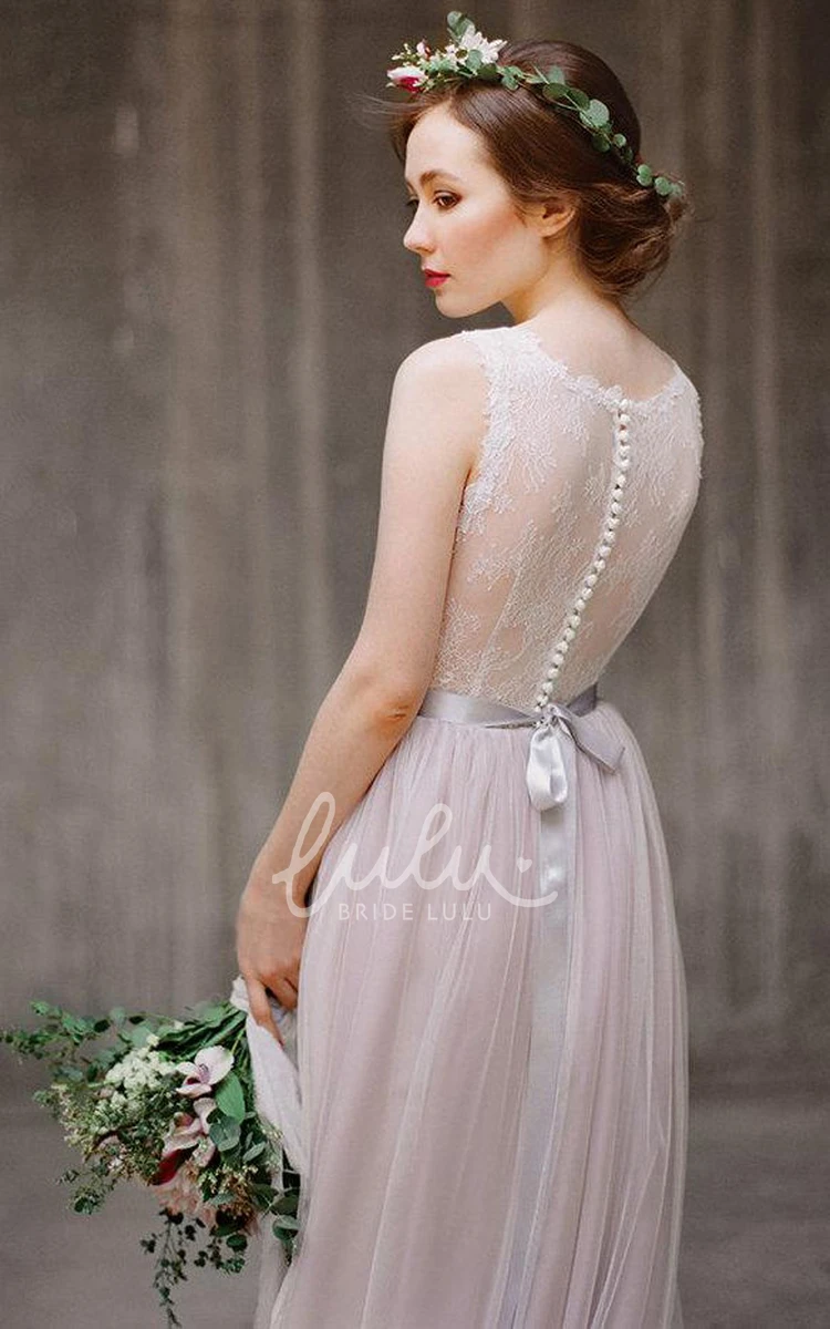 Tulle and Lace Ribbon Bridesmaid Dress with Illusion Back