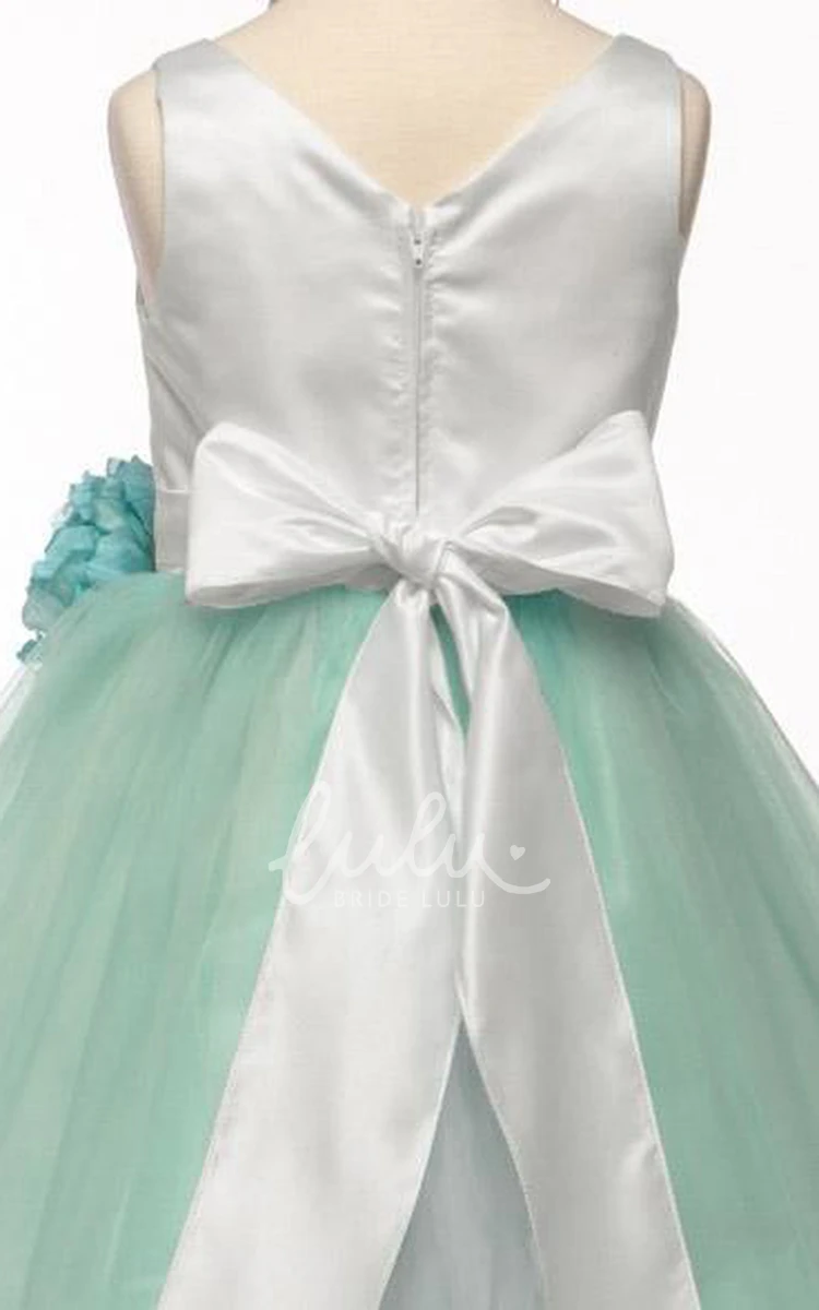 Tulle Satin Flower Girl Tea-Length Dress with Tiered Skirt