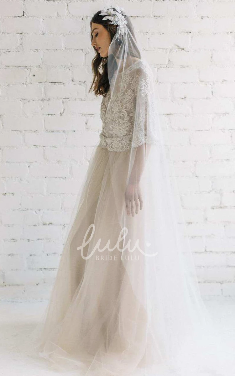 A-Line Tulle Dress with Low-V Back Bateau Half Sleeve Lace Romantic