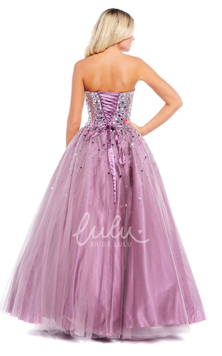 Sequined Tulle Strapless Prom Dress Ball Gown Style with Beading and Bow