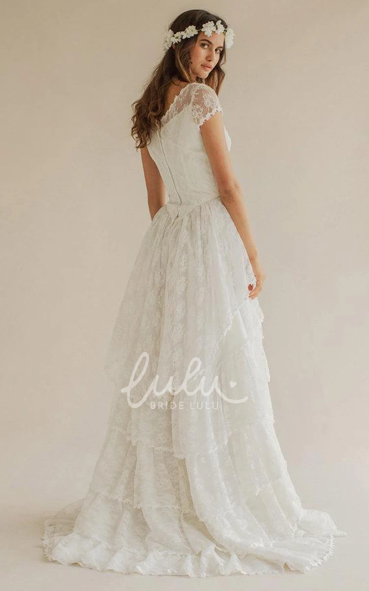 A-Line Tiered Wedding Dress with Boho Scoop Neck and Cap Sleeves