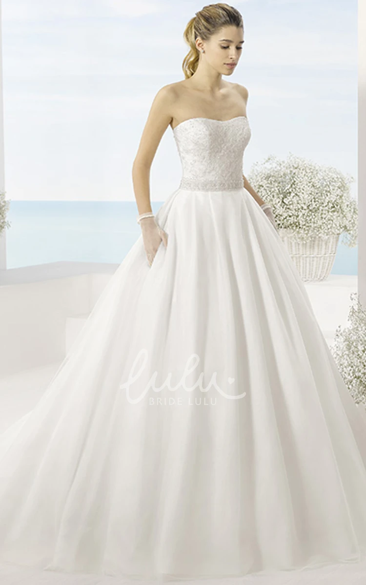 Appliqued Tulle Wedding Dress with Court Train and V-Back Maxi